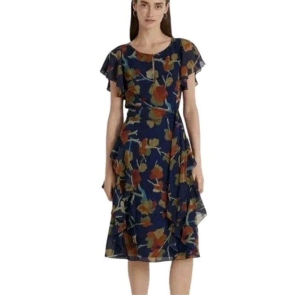 Lauren Ralph Lauren Floral Flutter Sleeve Ruffle Dress 2P Romantic Wedding Guest